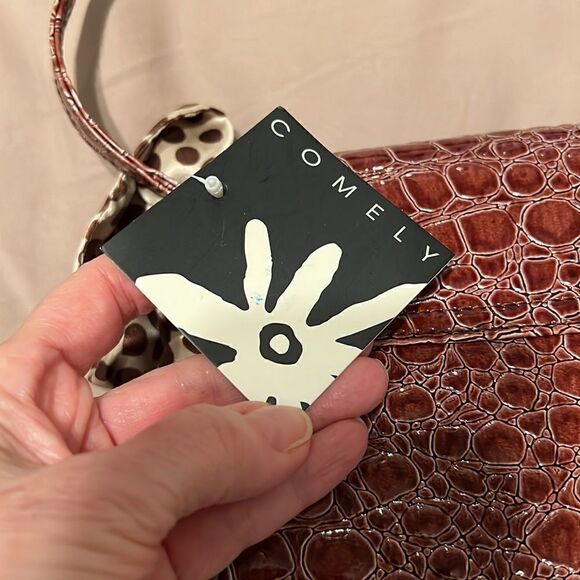 NWT Comely brown faux alligator handbag polka dot scarf that matches the lining - Picture 5 of 11